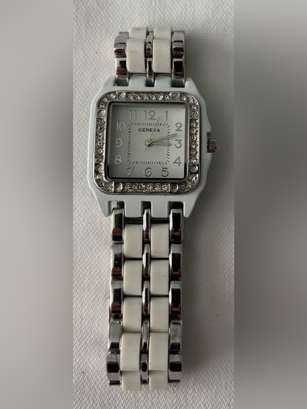 ⌚️3/$30⌚️Geneva White and Silver Crystal-Trim Square Bracelet Watch